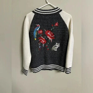 Embroidered Sweater Jacket Peacock Roses Cat Size Small Full Zip School Cliche